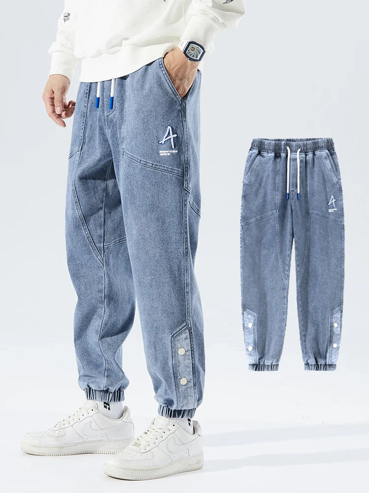 Strækbare afslappede herre denim joggers - løstsiddende tilspidsede, denim