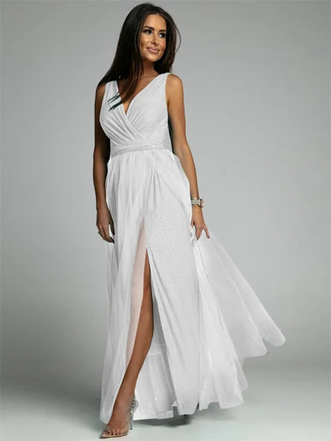Variant image for Elegant V-Neck Sleeveless Dress with Slit Hem, Plus Size Formal Wedding Guest Cocktail Dress-26
