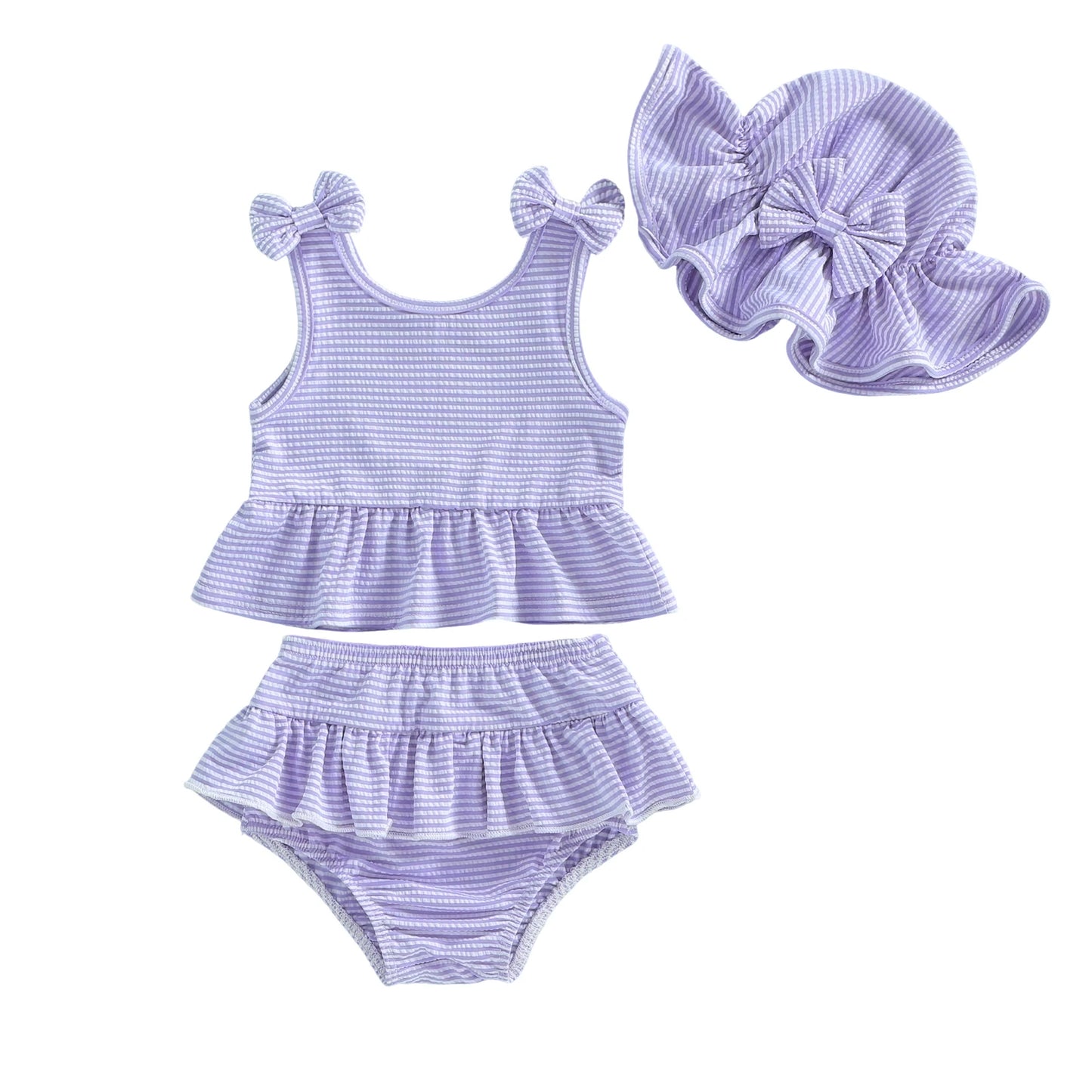 Soft Toddler Girls' Bikini Set - Striped Tank Top With Ruffle, Matching Bottom, Hat, Polyester-Elastane, Summer Swimwear