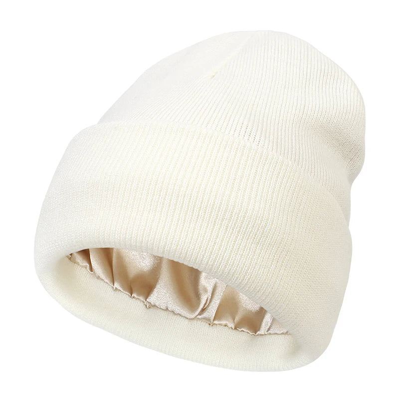 Winter Knit Beanies Womens Satin Lined Beanie Cap - Thick Chunky Soft Skull Hat for Winter
