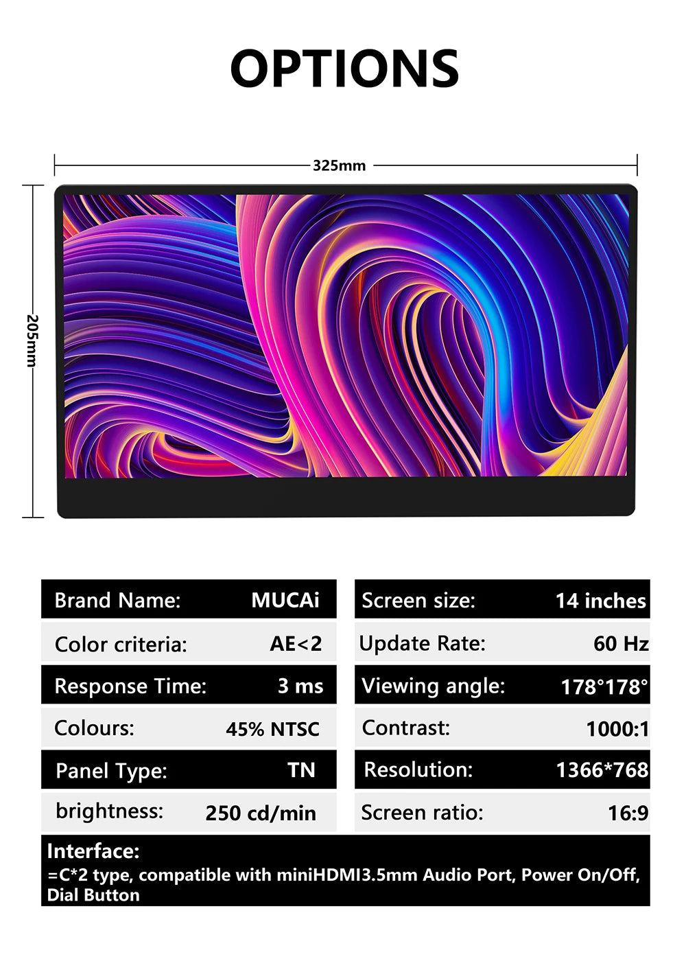 Portable 14 Inch Monitor 178 Degree View Built In Speaker