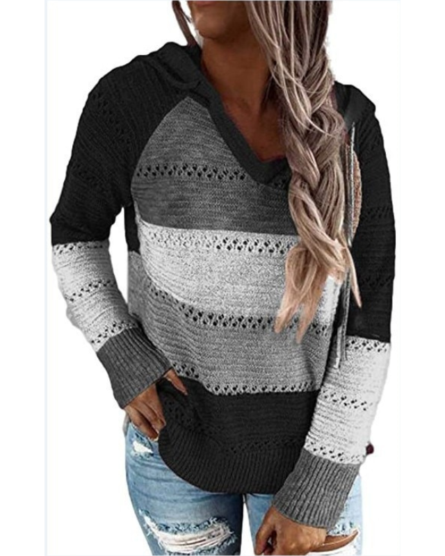 Lightweight Relaxed Women's Knit Hoodie - V Neck, Striped