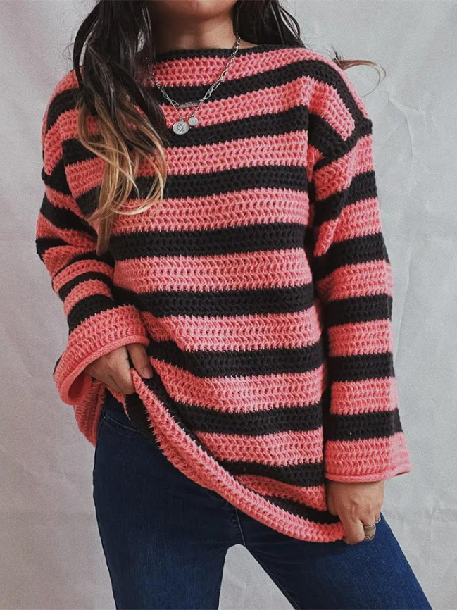 Pull tricoté rayé oversize pour femmes - épais, décontracté