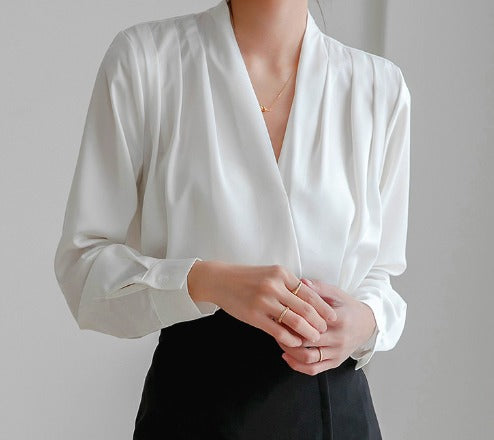 Variant image for Women's White Puff Sleeve Blouse, V-Neck Elegant Top for Casual and Formal Wear, Breathable Fabric, Available in Blue and Black-9