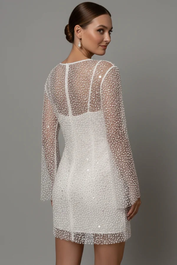 Lightweight women's flattering mini dress - bead-embellished mesh overlay, foam beads, for evening events