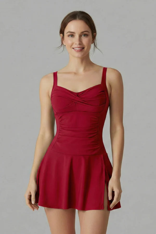Quick-dry flattering women's skirted swimsuit – sleeveless ruched-bust, nylon, for pool