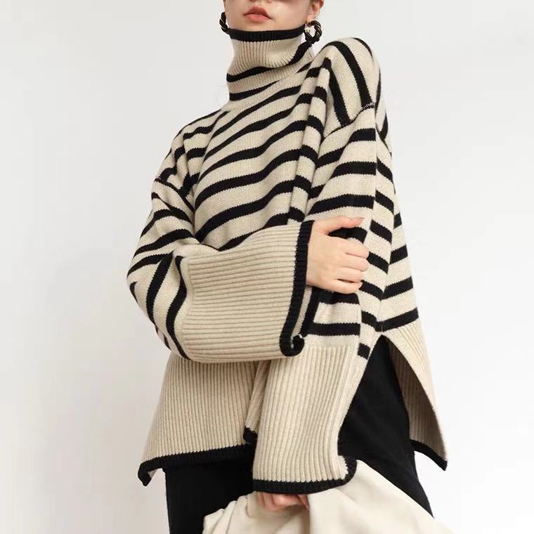 Oversized Women Turtleneck Sweater - Slit Knit, Warm