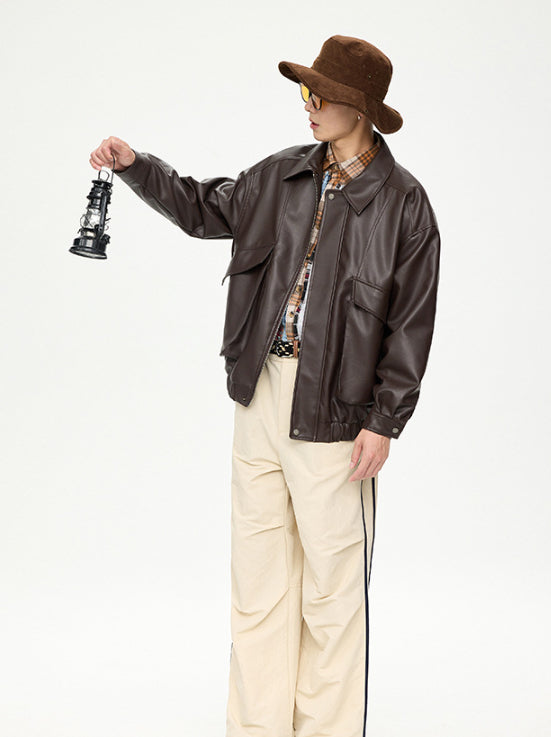 Chaqueta duradera para hombre de cuero PU - cuello con solapa, clásico, cuero PU, para uso diario