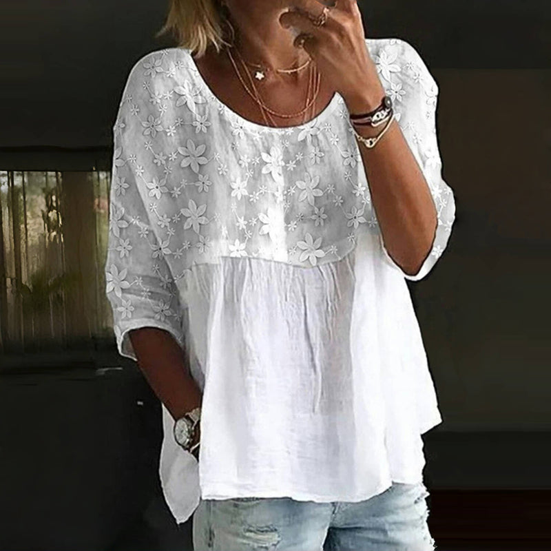 Embroidered Flower Blouse for Women, Three-Quarter Sleeve Summer Top, Cotton-Polyester Blend, Casual Spring Apparel-2