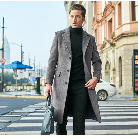 Warm Men's Wool Coat - Single Breasted, Polyester, City