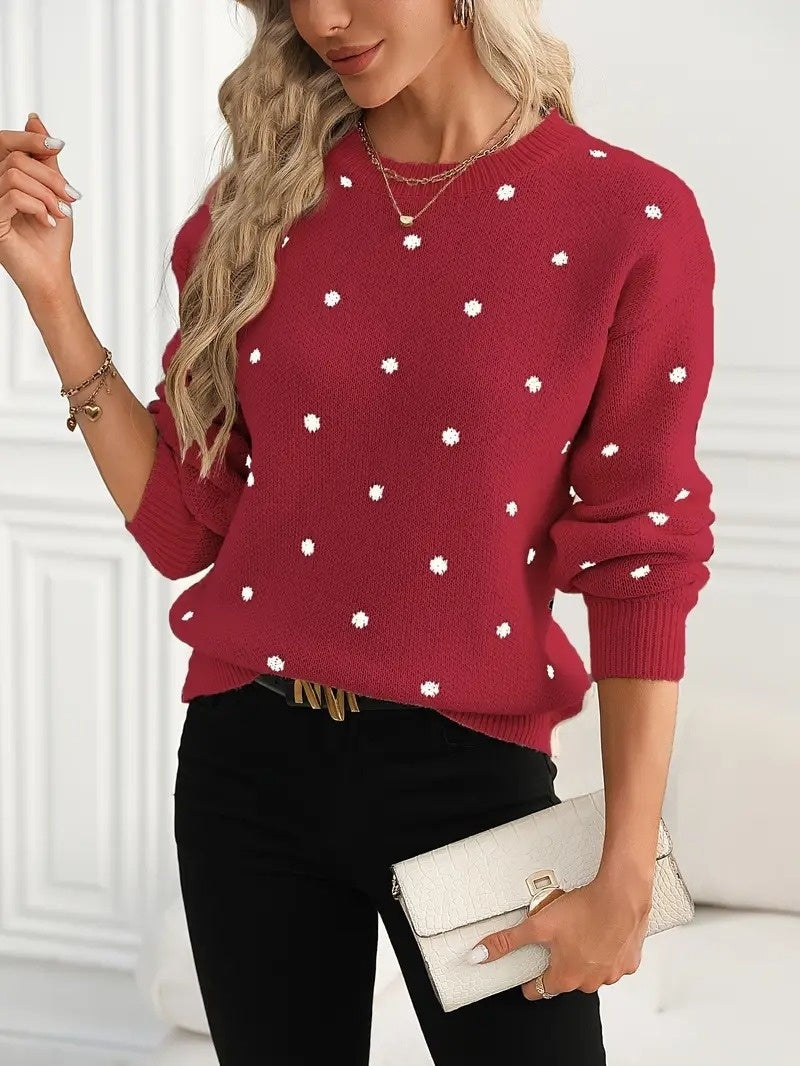Soft Womens Sweater - Round Neck Long Sleeve Jacquard, Cozy