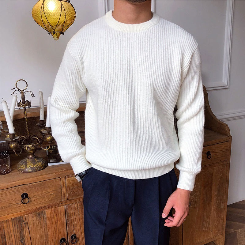 Varm afslappet herre sweater med rund hals - ribstrikket, uld