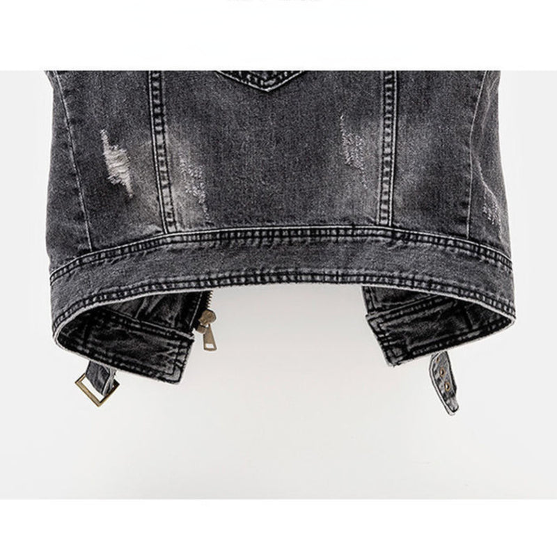 Chaleco de mezclilla ajustado para mujer - Moto crop, desgastado, casual