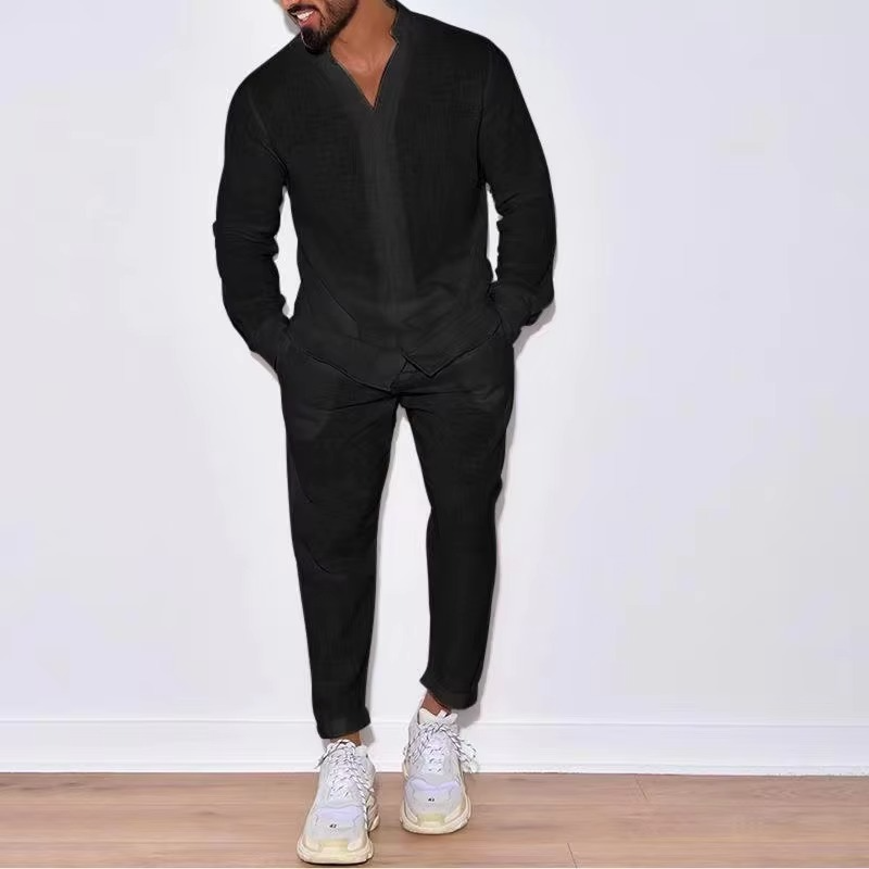 Linnen Set voor Mannen Lichtgewicht Lange Mouwen Shirt en Broek Casual Zomer Outfit