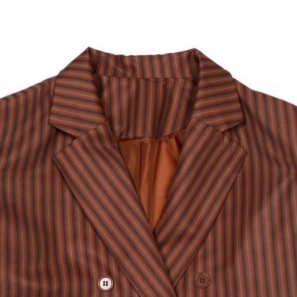 Lightweight women's striped blazer jacket - retro, double-breasted, polyester, for spring/autumn