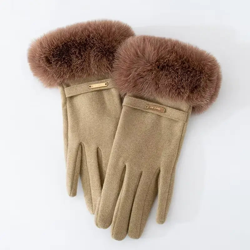 Insulating Women's Gloves - Fur Cuff, Suede, For Commuting