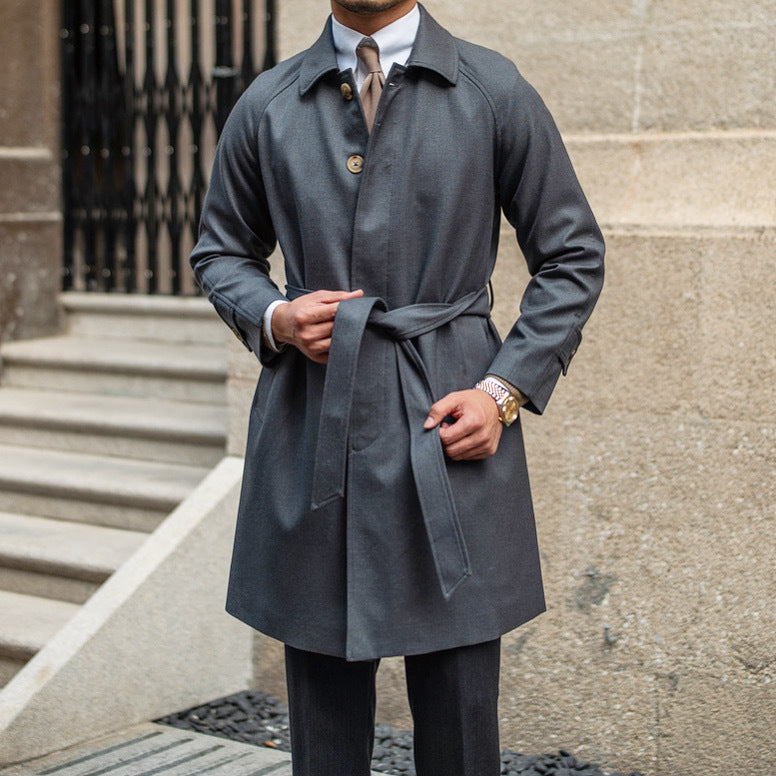 Warm Men’s Trench Coat - Single-Breasted Wool, Mid Thigh