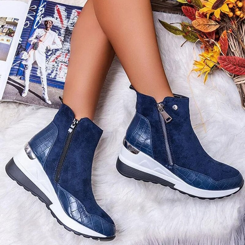 Waterproof Cozy Women’s Ankle Boots - Wedge Suede Heel