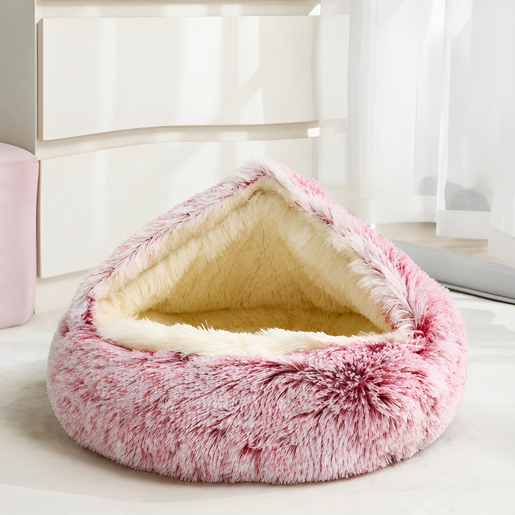 Hooded Pet Bed with Shaggy Plush Surface and Raised Rim for Dogs