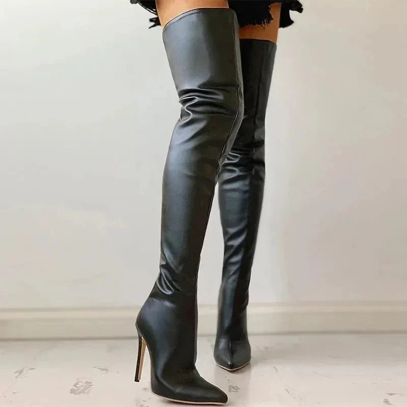 Fitted Women Thigh-High Stiletto Boots - Leather, Evening