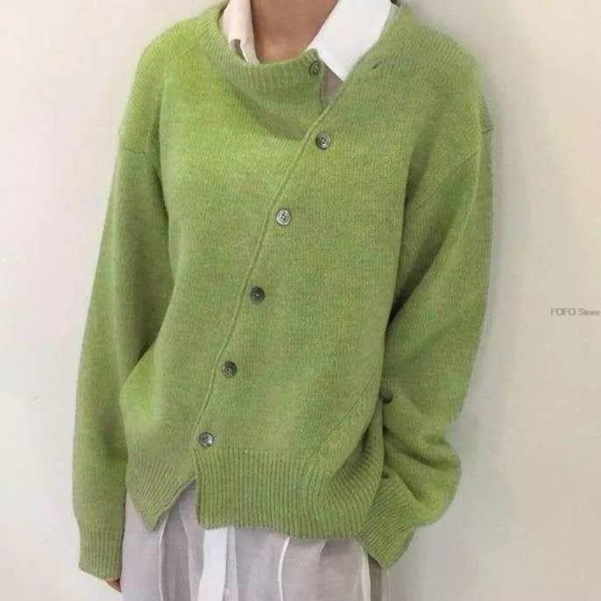 Soft Relaxed Women’s Cardigan - Asymmetrical Button, Knit
