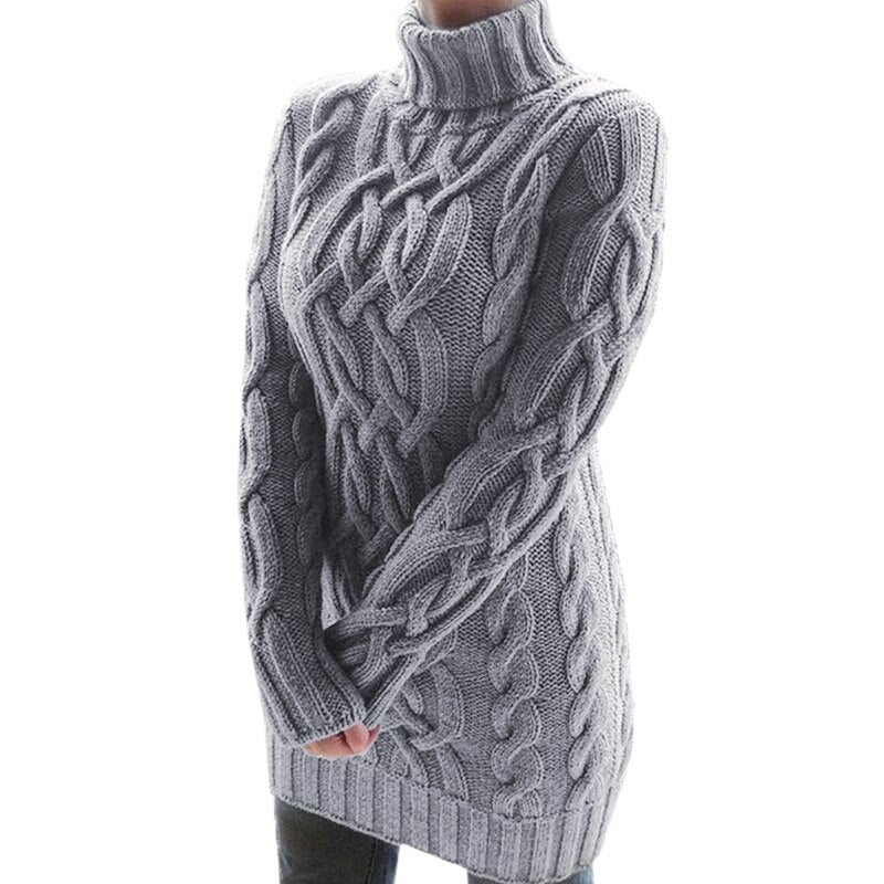 Varm dame rullekravesweater - kabelstrikket tunika, efterår