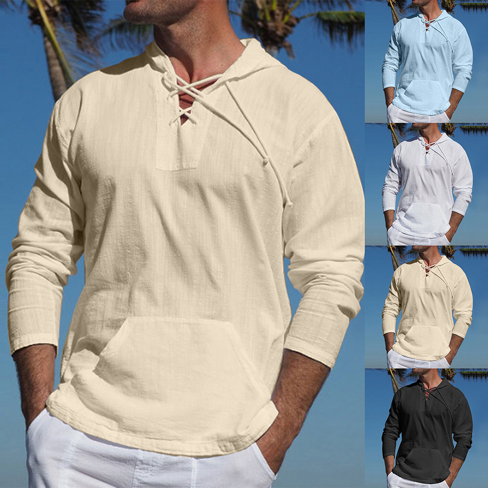 Lightweight Casual Mens Pullover - Laceup V Neck, Linen