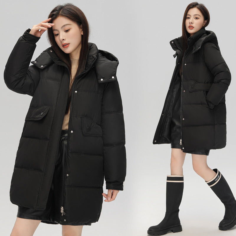 Warm Women's Puffer Coat - Boxy Mid-Thigh, Down Cotton