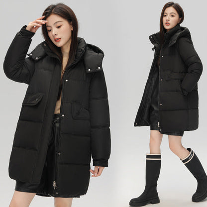 Warm Women's Puffer Coat - Boxy Mid-Thigh, Down Cotton