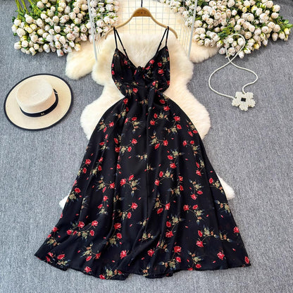 Leichtes Damenkleid – V-Ausschnitt mit Trägern, verstellbare Taille, Blumenmuster, für den Sommer