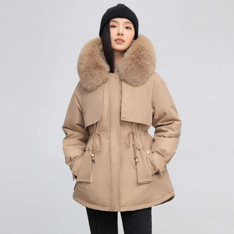 Insulating Womens Parka - Hooded Fur Collar, Cotton Padded