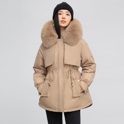 Insulating Womens Parka - Hooded Fur Collar, Cotton Padded
