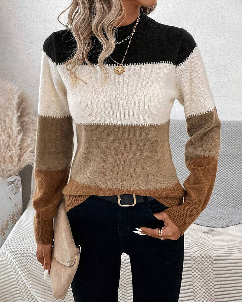 Pull doux pour femme à blocs de couleur - Col rond, tricoté, décontracté
