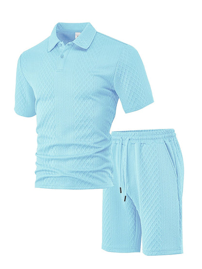 Breathable men's polo shirt and shorts set – durable textured pattern, polyester, for casual wear