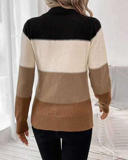Pull doux pour femme à blocs de couleur - Col rond, tricoté, décontracté