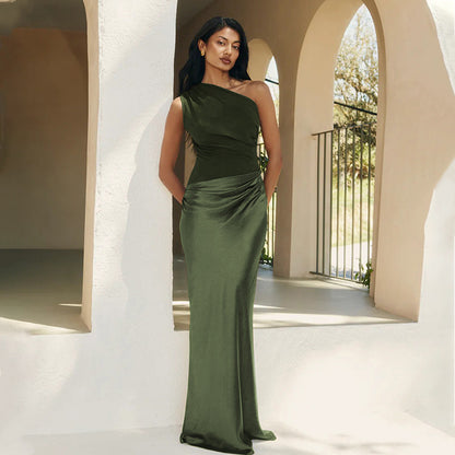 Fitted women's dress - asymmetric one-shoulder sheath, satin, for formal evening events and special occasions