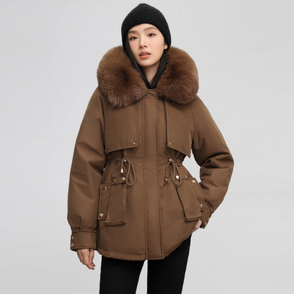 Insulating Womens Parka - Hooded Fur Collar, Cotton Padded