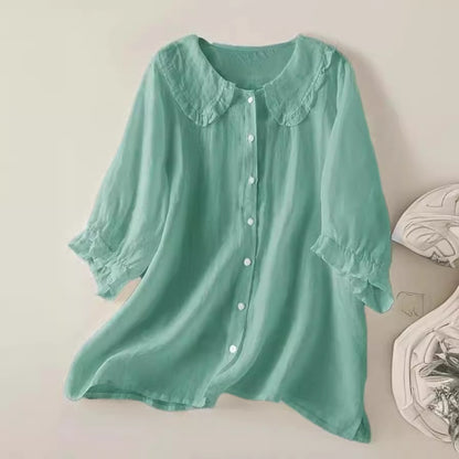 Soft women's shirt - Claudine collar, half-sleeve, relaxed fit, casual everyday wear with denim