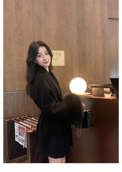 Varm lång kappa för kvinnor - sjalkrage, ull, för vinter