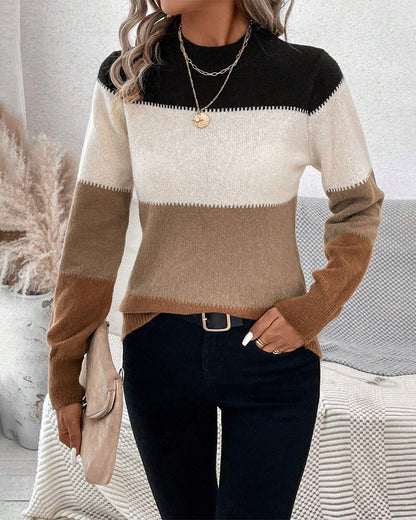 Pull doux pour femme à blocs de couleur - Col rond, tricoté, décontracté