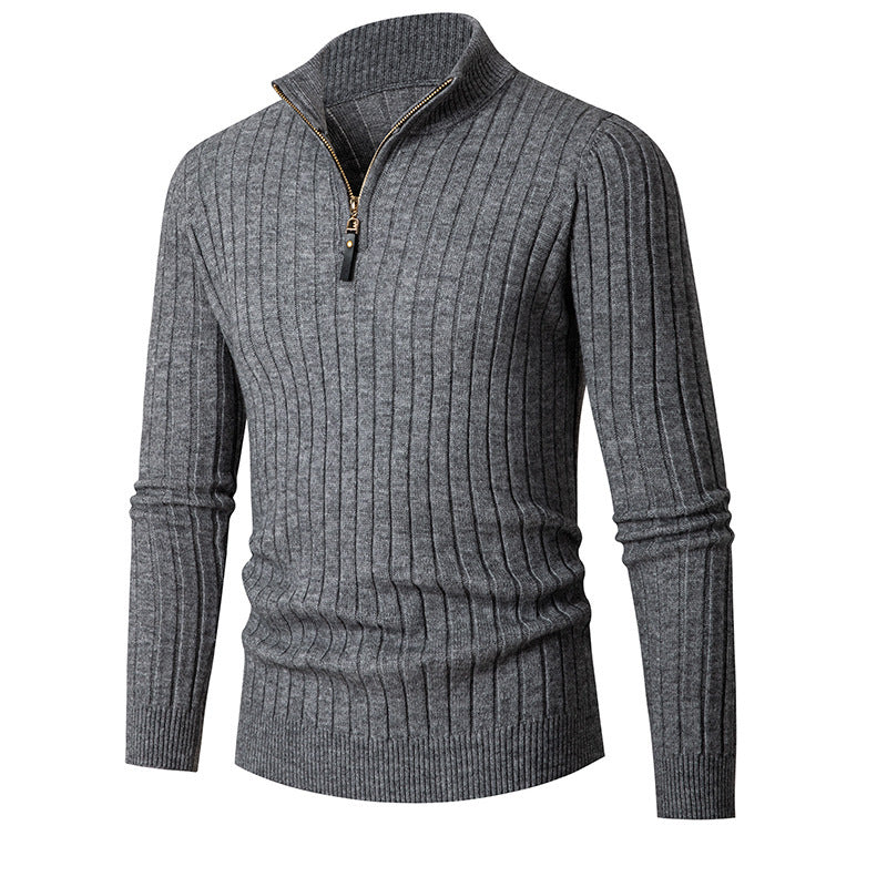 Fitted Men's Half Turtleneck Zip Sweater - Ribbed Knit