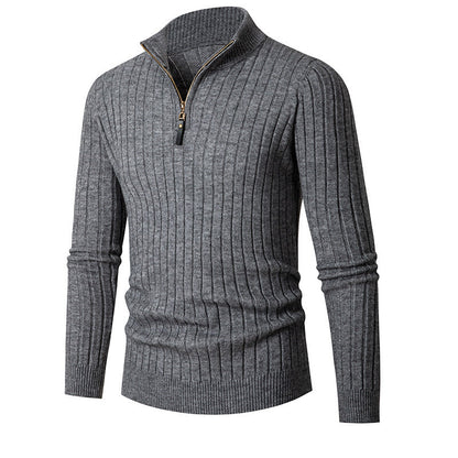 Fitted Men's Half Turtleneck Zip Sweater - Ribbed Knit