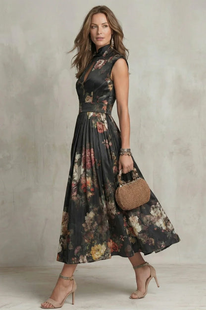 Lightweight women's maxi dress - floral-printed, high-waisted, pleated, polyester, for street fashion