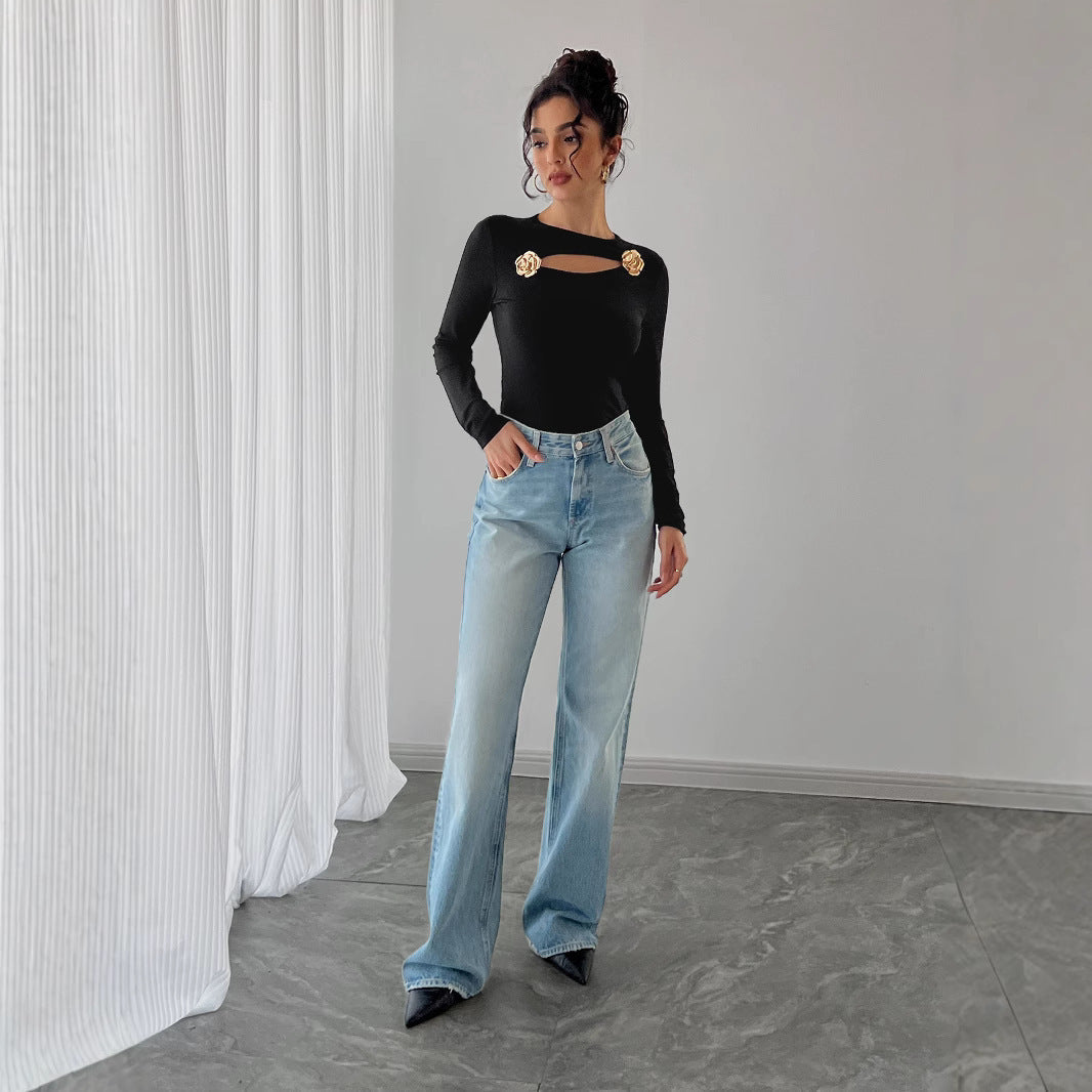 Figursyet damebluse med lange ærmer - Udskåret strik i polyester