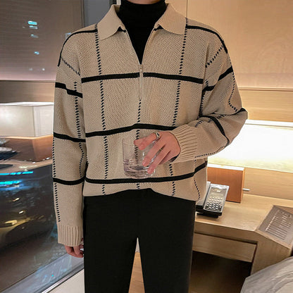Oversized herre strikket polo - ternet revers, åben strik