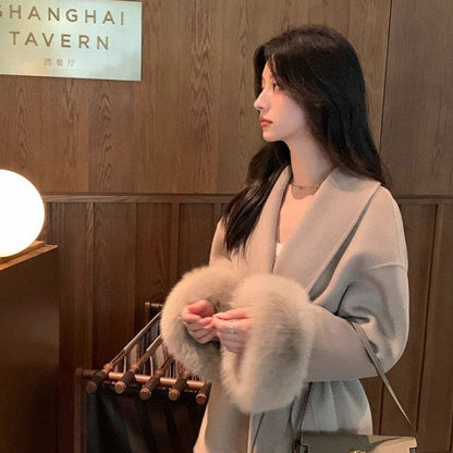 Varm lång kappa för kvinnor - sjalkrage, ull, för vinter