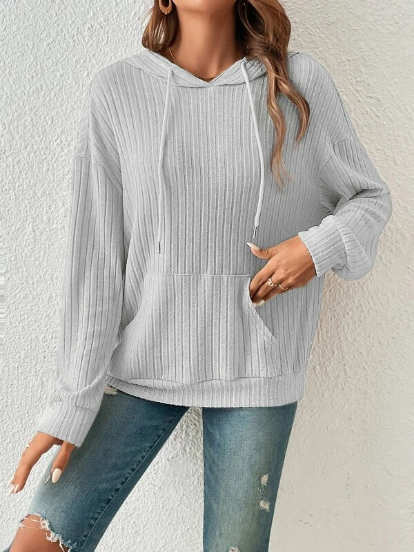 Soft Relaxed Women's Hooded Pullover - Ribbed Knit, Casual
