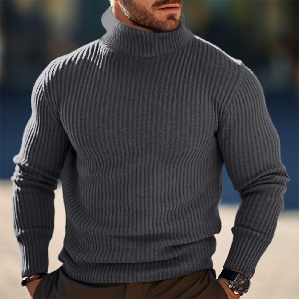 Warm Men Turtleneck Sweater - Ribbed Wool, Winter Layering