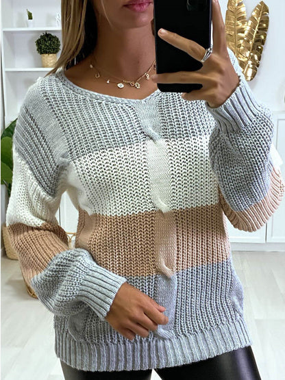 Soft Flattering Women V Neck Sweater - Colorblock Knit