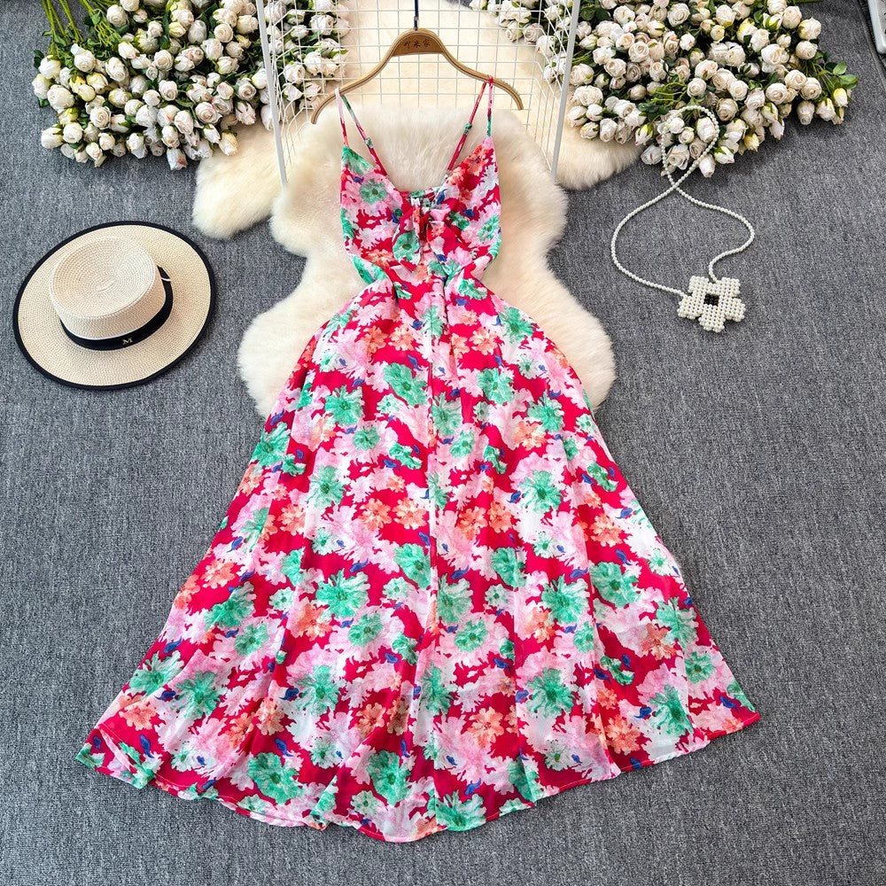 Leichtes Damenkleid – V-Ausschnitt mit Trägern, verstellbare Taille, Blumenmuster, für den Sommer